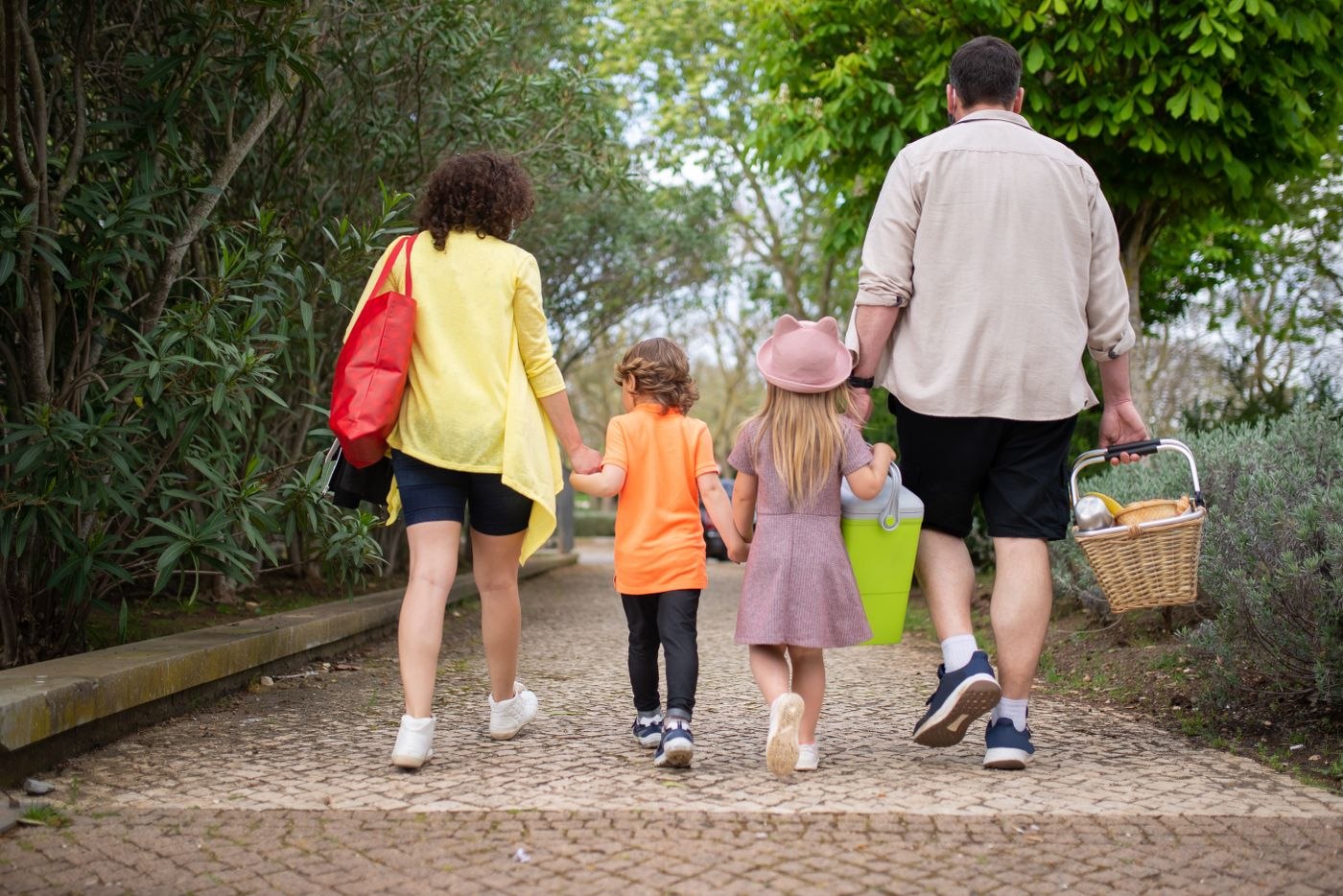 Back View of a Family Walking Together in the Park